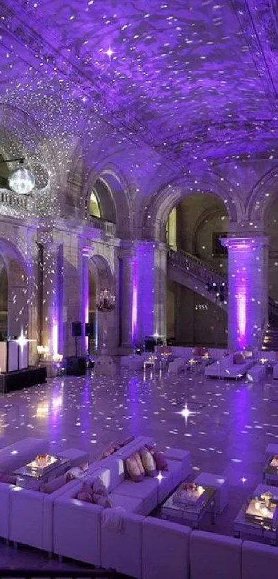 Elegant purple venue with ambient lighting and architectural grandeur.