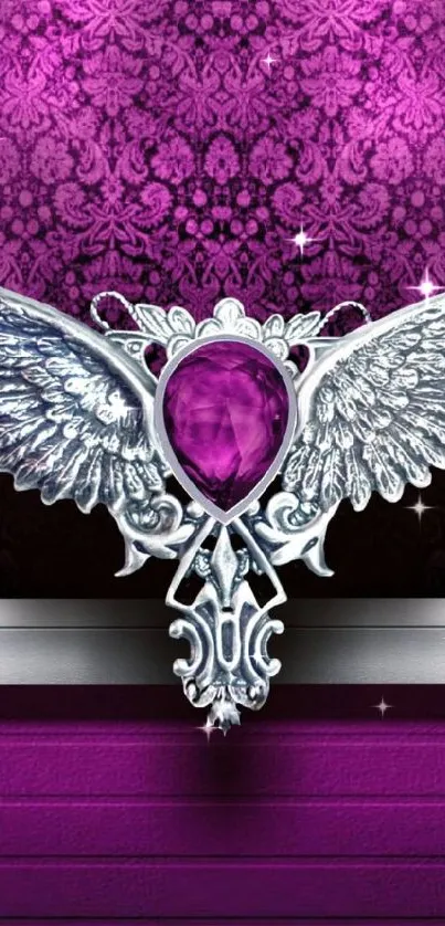 Elegant mobile wallpaper with purple and silver winged design.