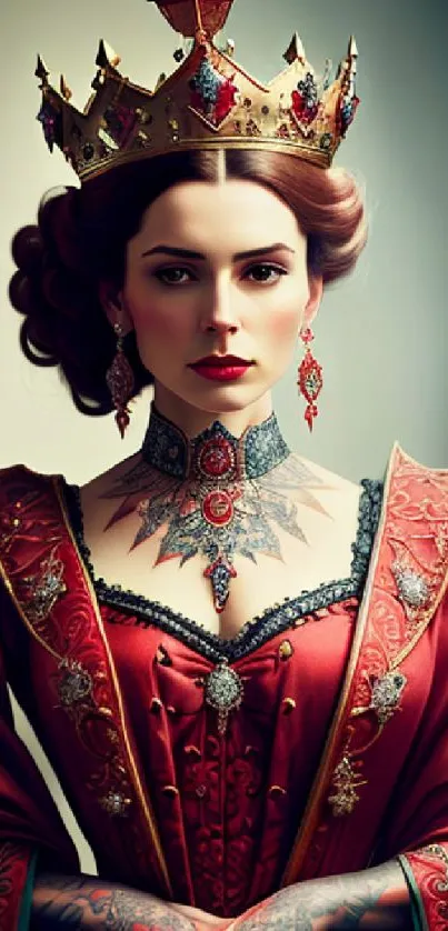 Majestic queen with tattoos in red attire and golden crown.