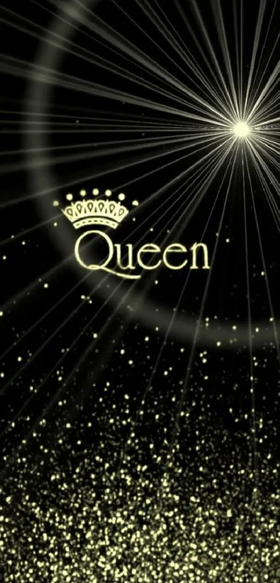 Elegant gold Queen phone wallpaper with crown and sparkle effects.