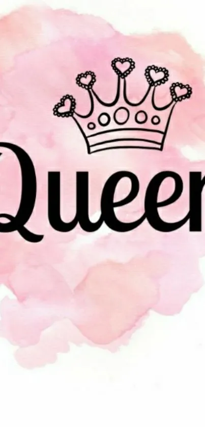 Queen text with crown on pink watercolor background.