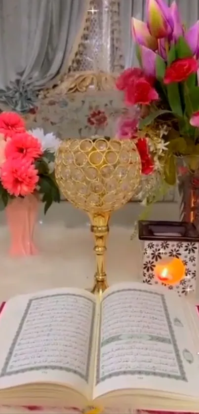 Open Quran with elegant floral and decor setting.