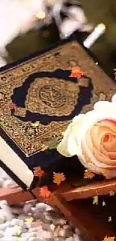 Quran with gold details and rose on a stand.