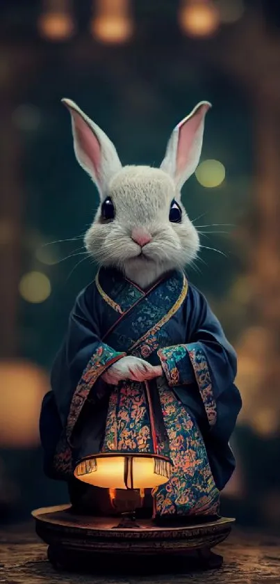 Digital art of a rabbit in a kimono holding a lantern, perfect for mobile wallpaper.