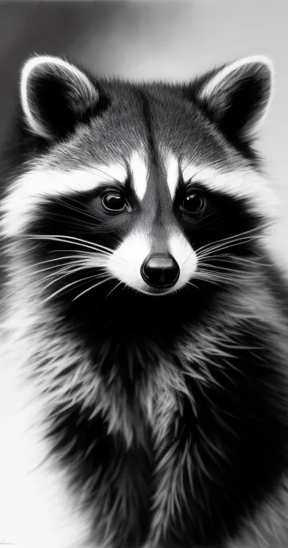 Black and white raccoon wallpaper close-up with intricate fur details.