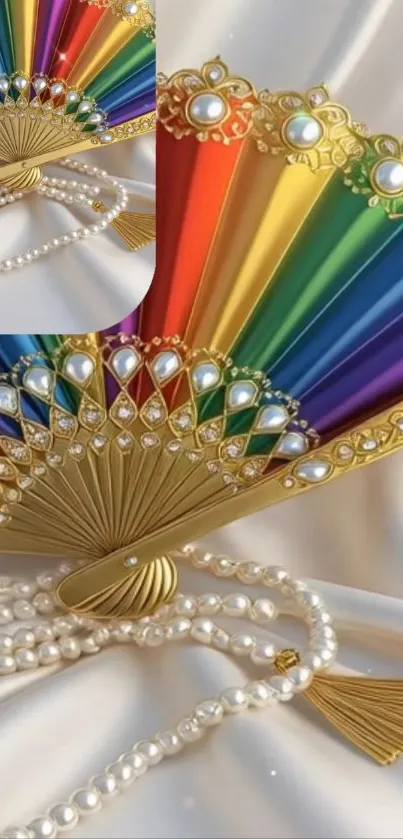 Colorful rainbow fan with pearls and gold accents.