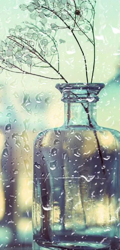 Glass vase with raindrops in soft focus background.