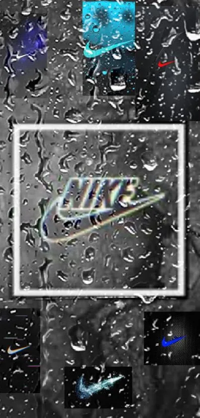 Nike logo with raindrops on stylish wallpaper.