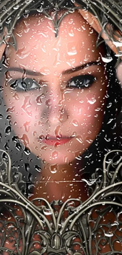 Artistic woman's face behind raindrops with elegant design in gray tones.