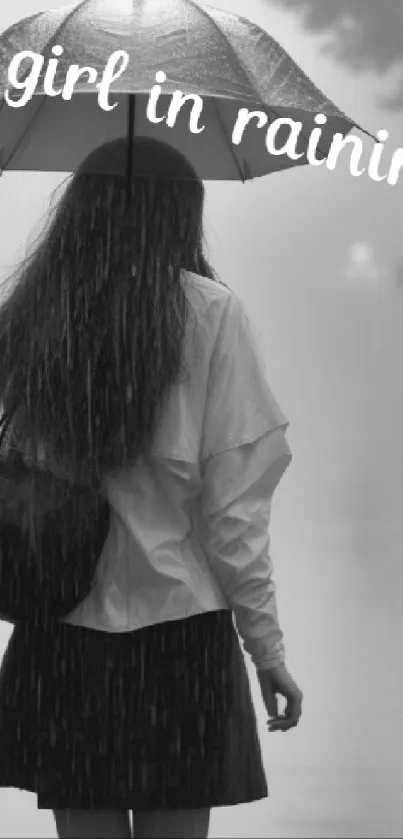 Girl with umbrella in a rainy monochrome cityscape.