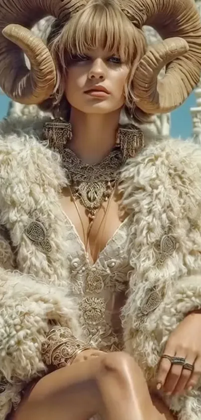 Woman in elegant fashion with ram horns.