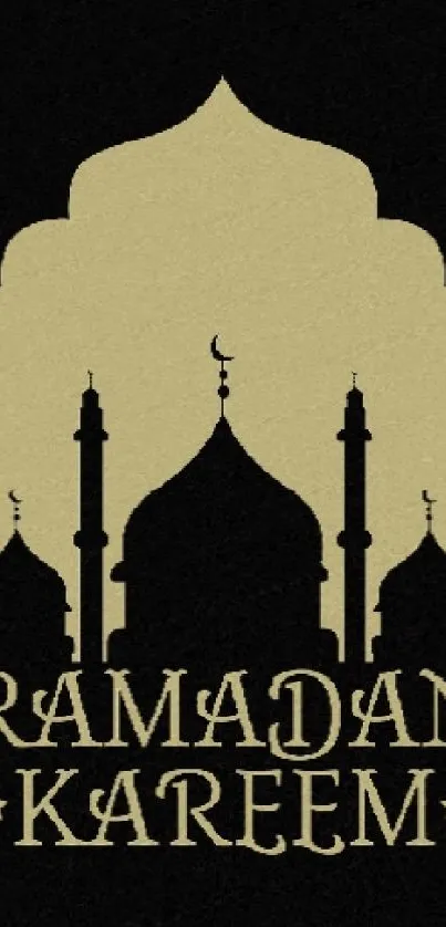 Ramadan Kareem wallpaper with mosque silhouette on beige background.