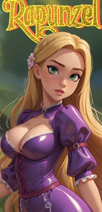 Beautiful Rapunzel in a purple dress with a fairy tale backdrop.