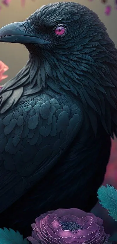 Dark raven surrounded by vibrant flowers in mobile wallpaper.