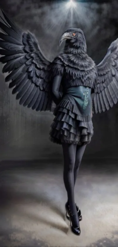 Human figure with raven wings in a dark, artistic atmosphere, captivating design.