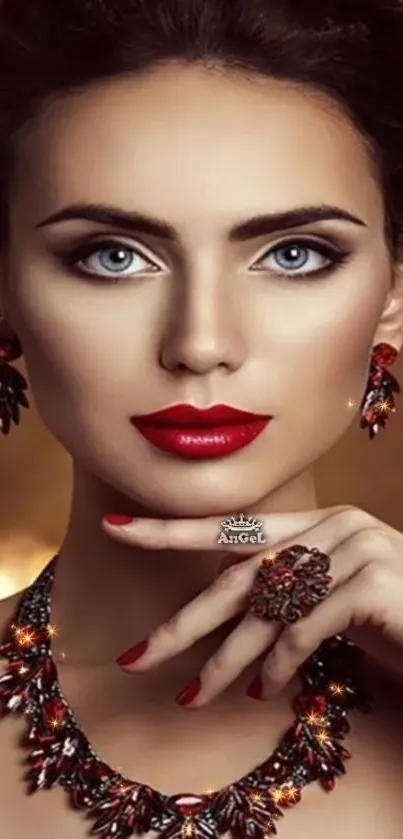 Elegant woman with red accents in jewelry and makeup wallpaper.