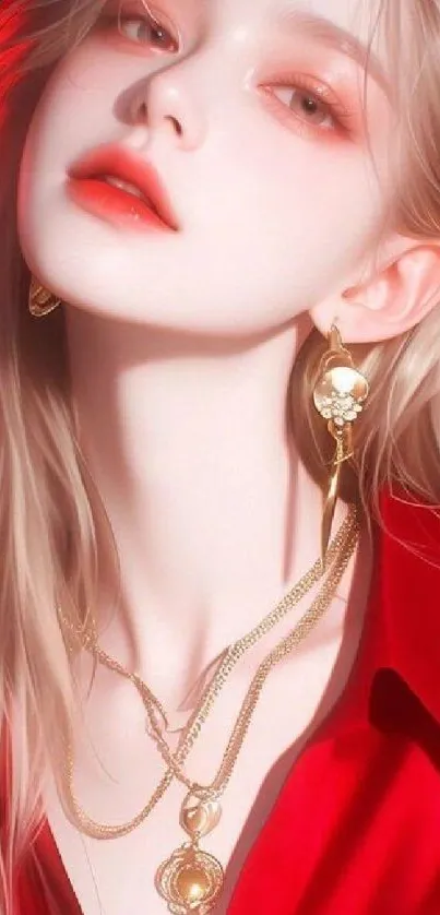 Stylish blonde art with gold jewelry and vibrant red elements.