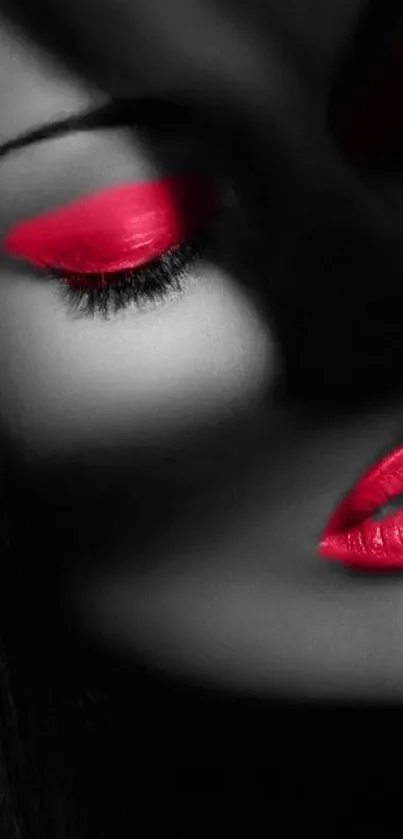 Artistic wallpaper with red lips and eyes on black background.