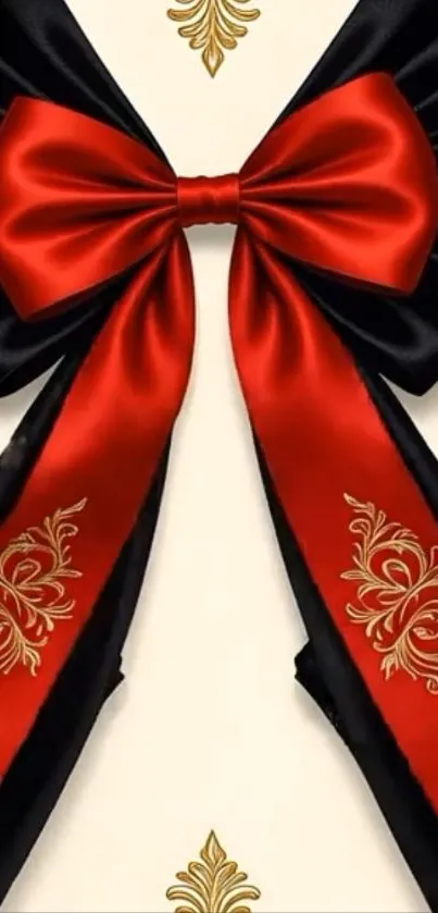 Elegant red and black bow wallpaper with gold details.