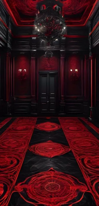 Red and black hallway with elegant decor.