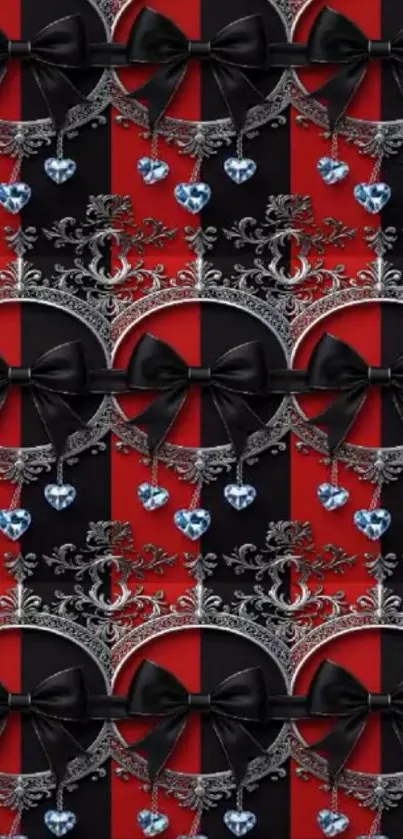 Red and black striped wallpaper with bows and filigree.