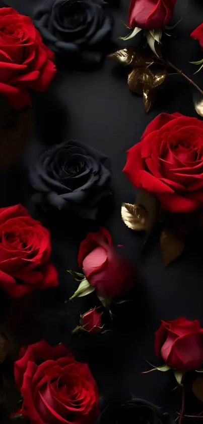 Elegant wallpaper featuring red and black roses with golden leaves on a dark background.