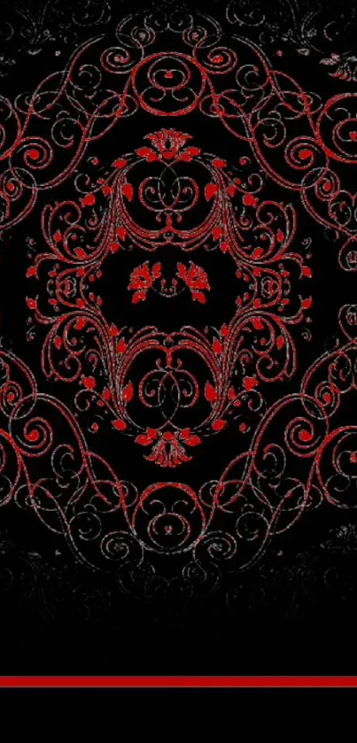 Red ornamental mobile wallpaper with intricate design on black background.