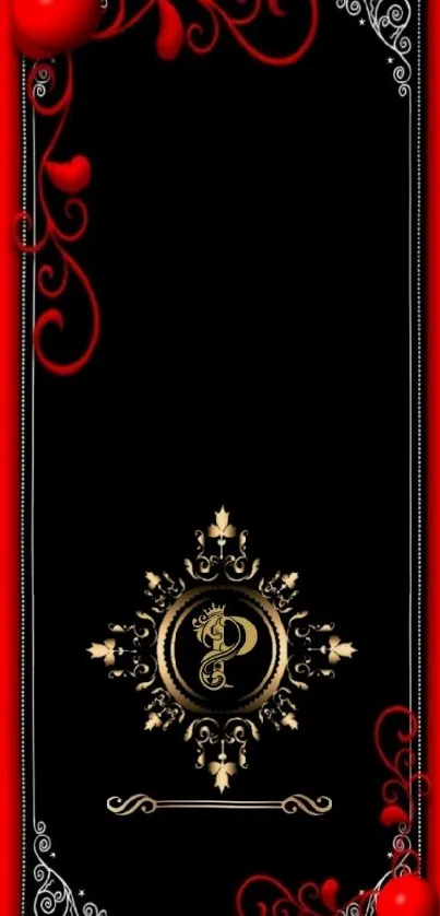 Elegant red and black mobile wallpaper with gold details.