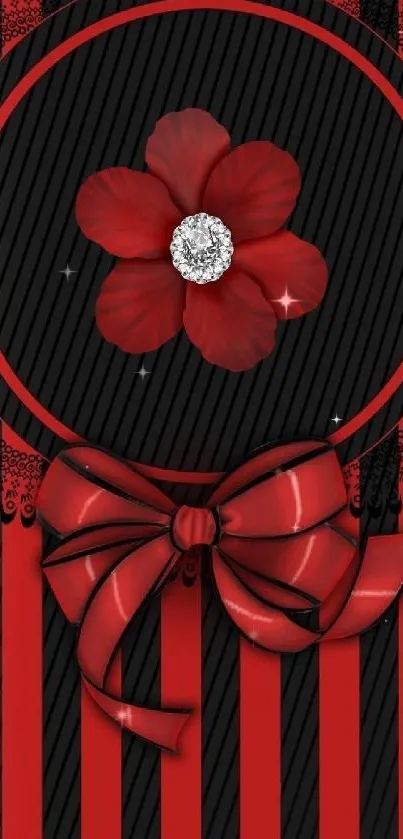 Red and black wallpaper with flower and bow design.