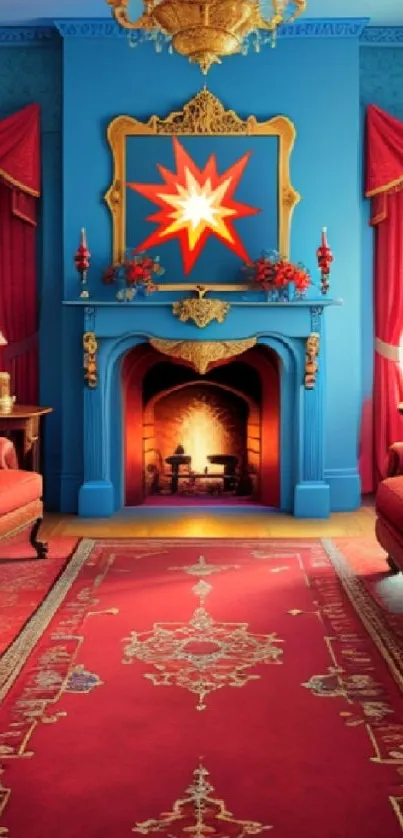 Luxurious red and blue Victorian living room with ornate decor.