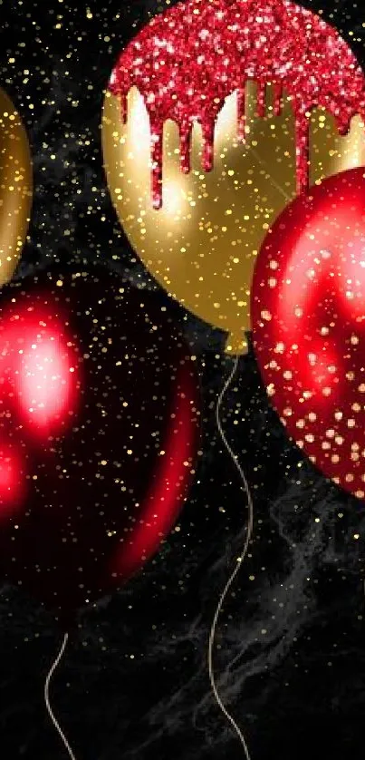 Elegant wallpaper with red and gold balloons on black.