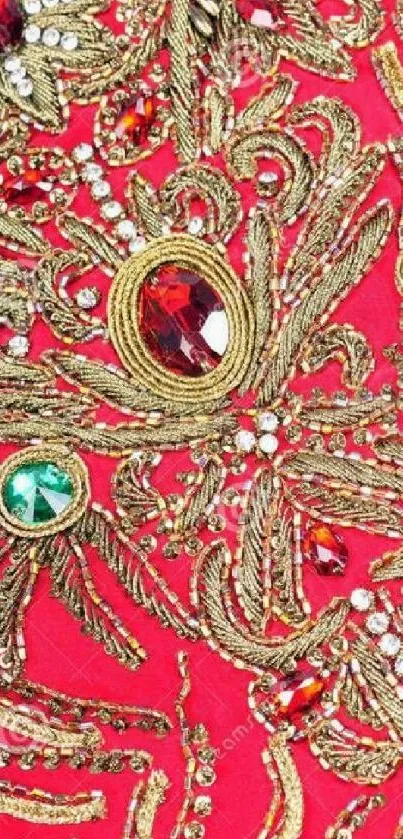 Elegant red and gold beaded wallpaper with gemstone accents.