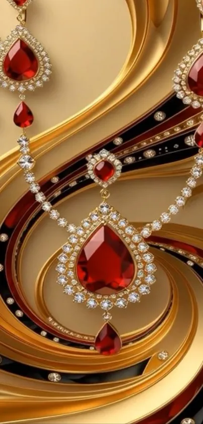 Ornate red and gold design with jewels on mobile wallpaper.