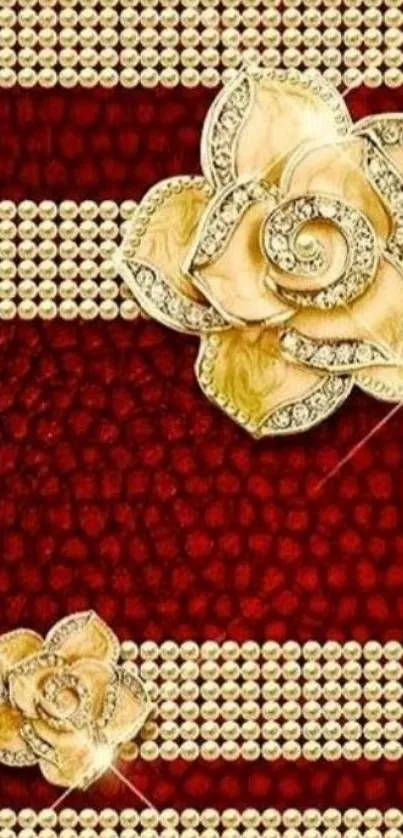 Luxurious red and gold floral phone wallpaper.