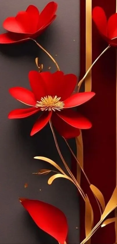 Elegant red and gold floral mobile wallpaper with abstract design.