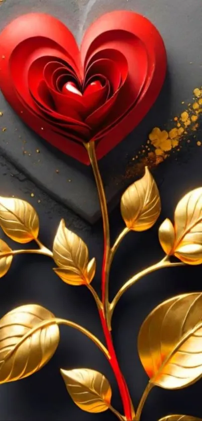 Mobile wallpaper with a red heart and gold leaves on black background.