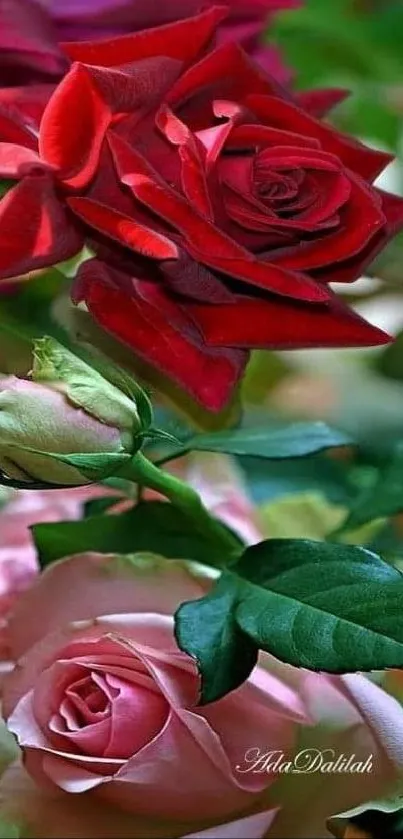 A vibrant wallpaper with red and pink roses.