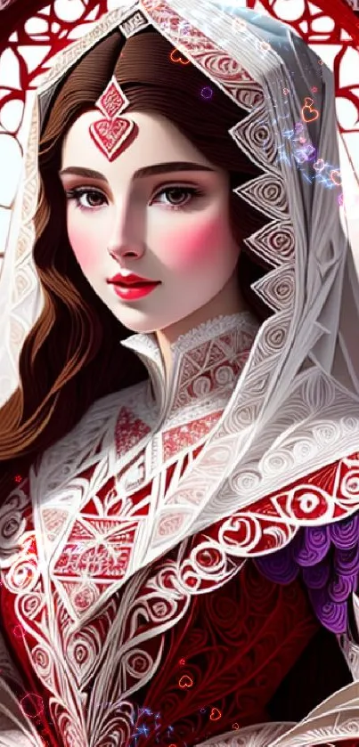 Regal woman in red and white geometric art wallpaper.