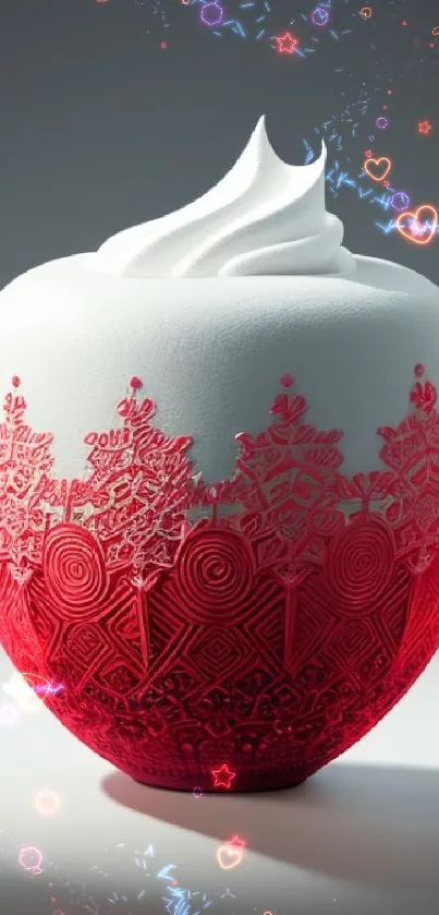 Intricate red and white wallpaper with elegant swirl design.