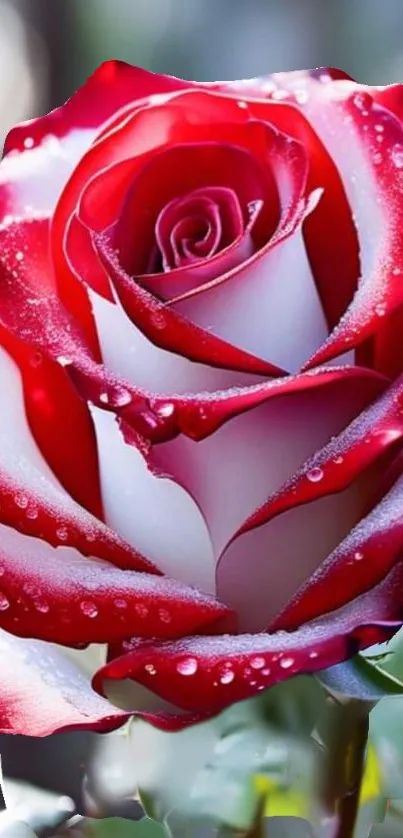 A stunning red and white rose with droplets, perfect for a mobile wallpaper.