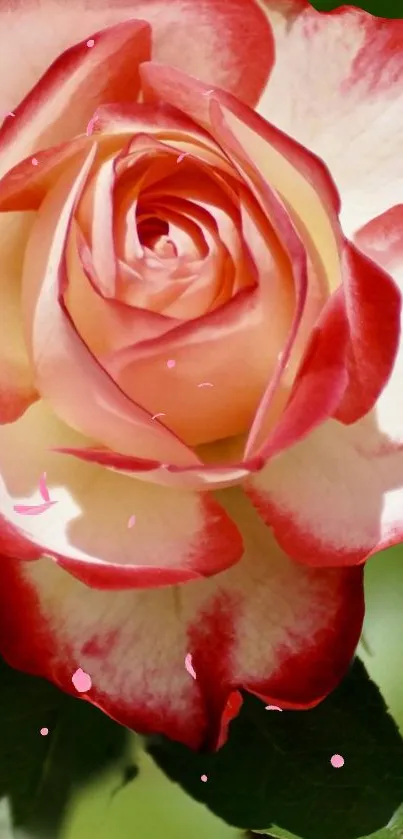 Red and white rose with delicate petals on a mobile wallpaper.