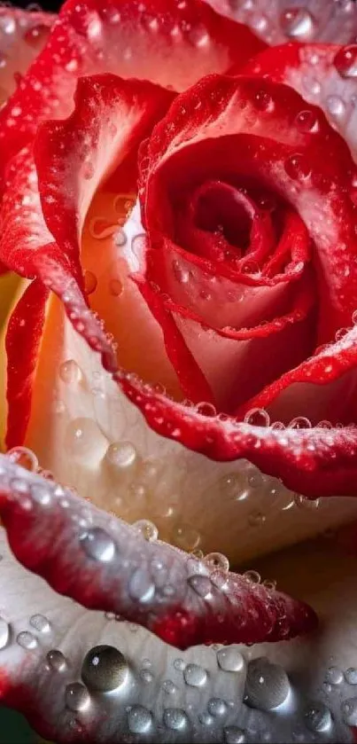 Close-up view of a red and white rose with water droplets.