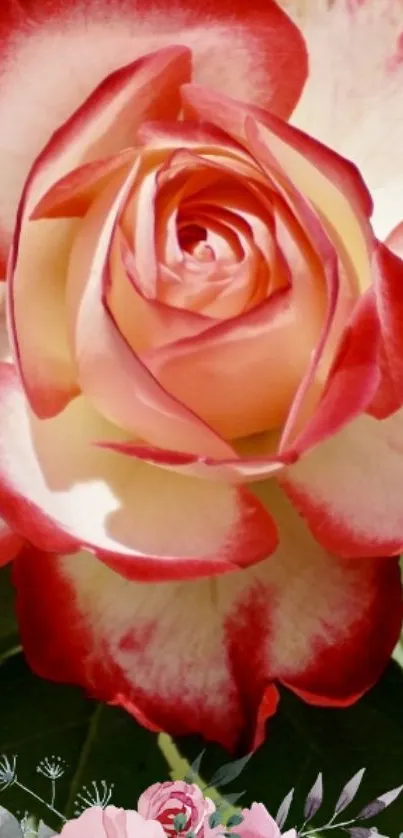 Red and white rose close-up on a mobile wallpaper.