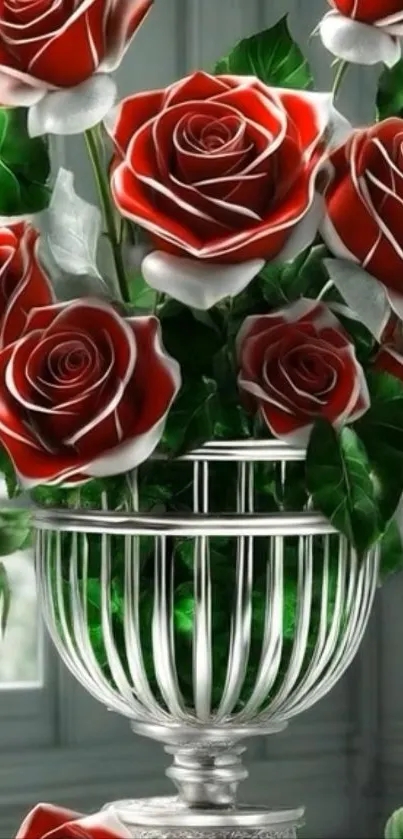 Elegant bouquet of red and white roses in a silver vase.
