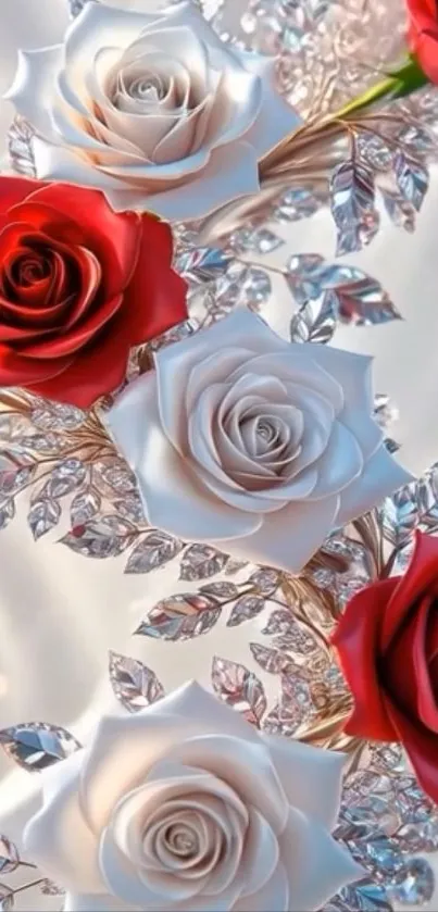 Elegant red and white roses with silver leaves wallpaper.