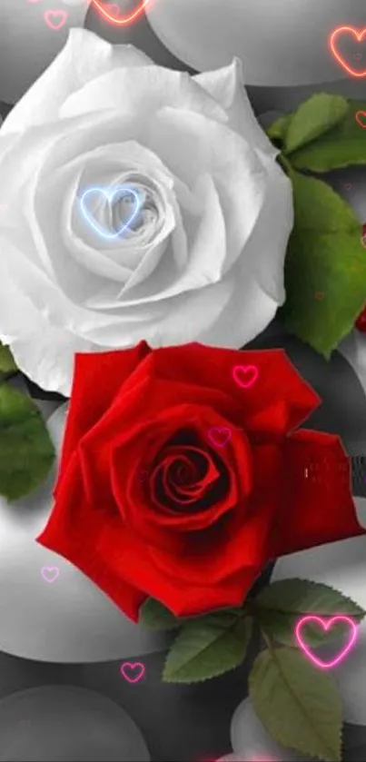 Red and white roses on a gray background with heart shapes.