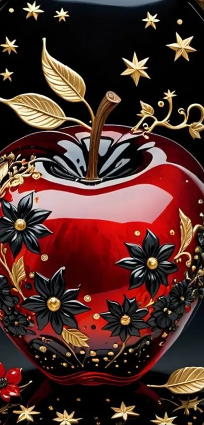 Red apple design with gold stars and leaves.