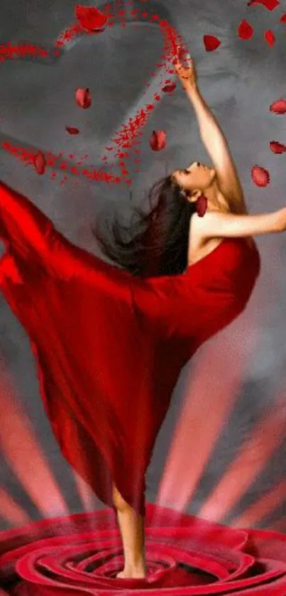 Ballet dancer in red dress with heart-shaped petals and rose base.