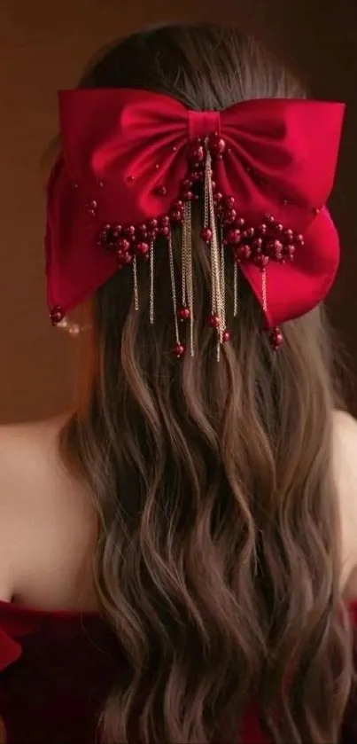 Elegant red bow adorning long brown hair.