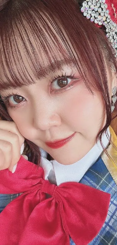 Young woman with red bow and stylish attire in portrait.